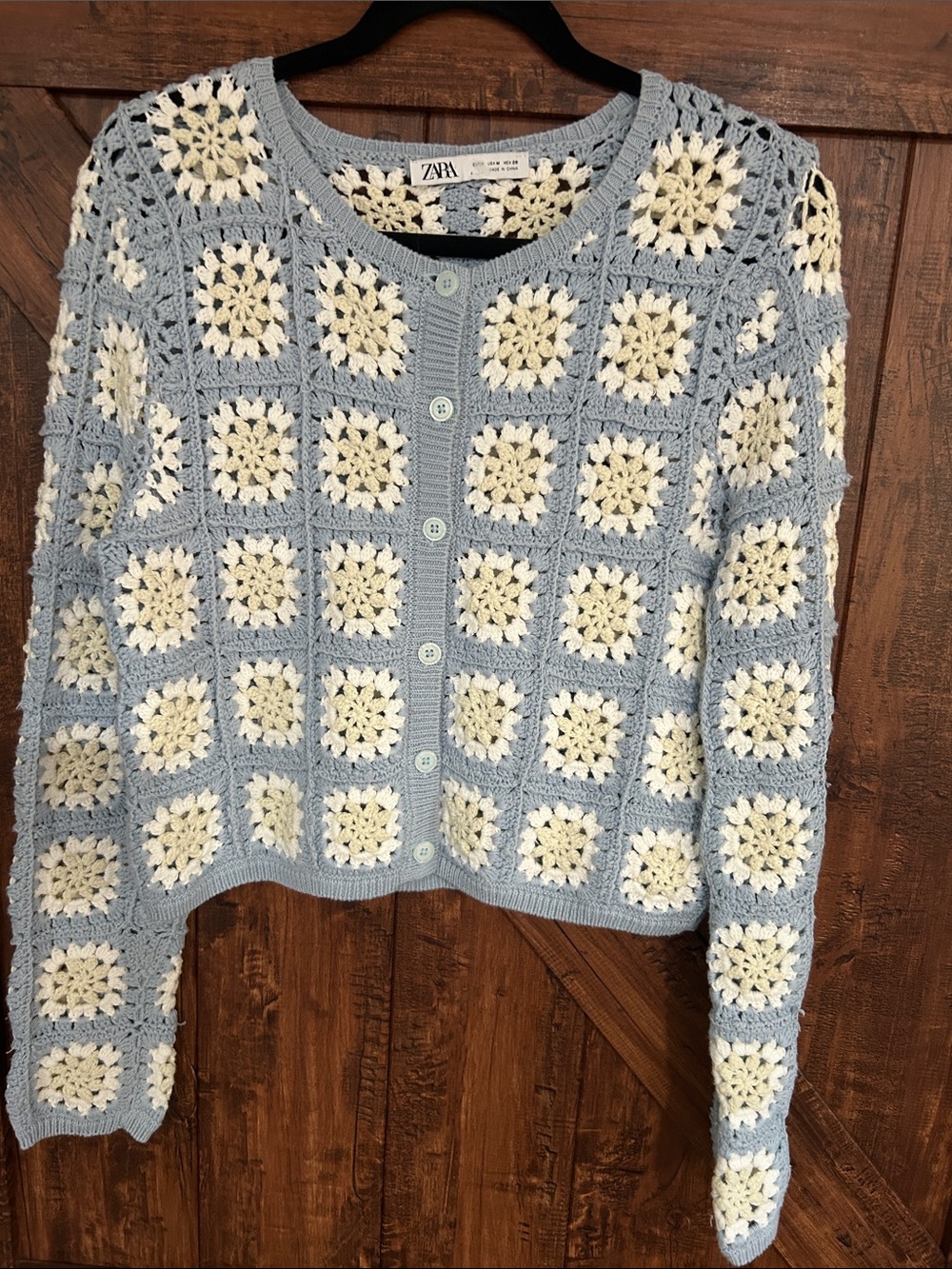 Zara Blue and Cream Crochet Granny Square Cardigan